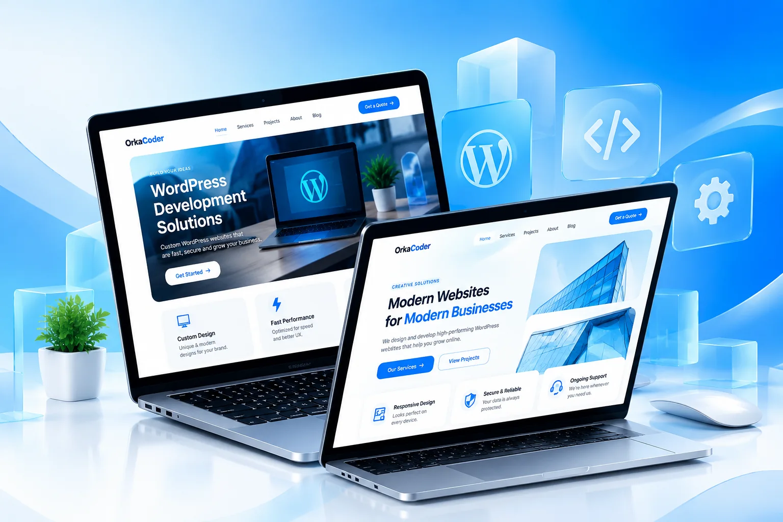 WordPress website mockups on laptop and tablet